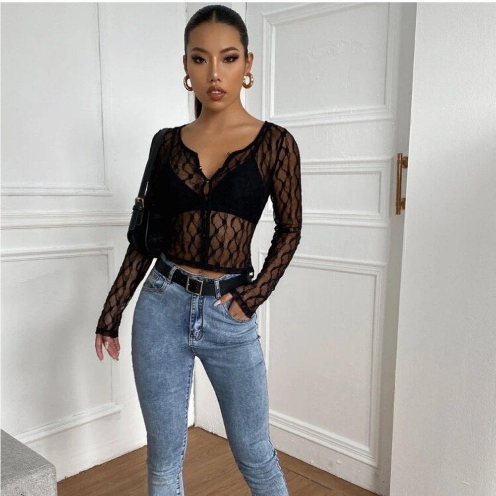 Button Up Sheet Lace Top Without Bra